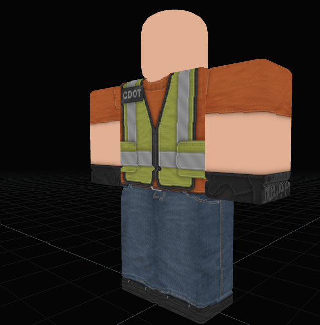 CDOT high-visibility safety vest over orange long sleeve with denim pants