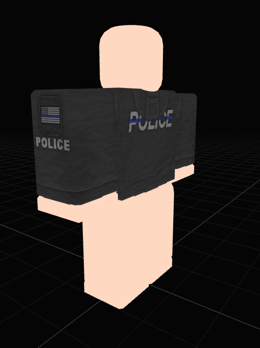 Black police rugby shirt with POLICE lettering and thin blue line patch