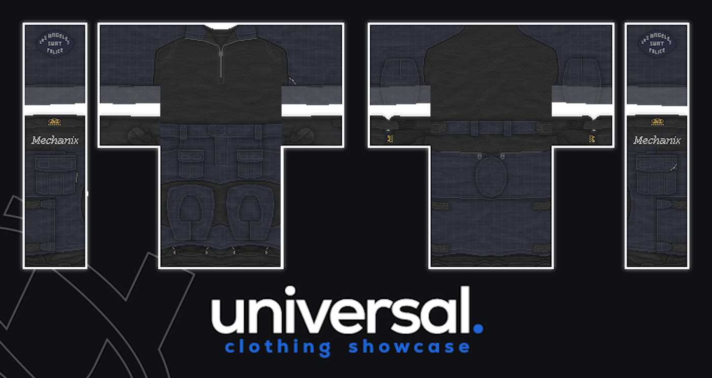 LAPD SWAT clothing showcase graphic with front and back texture layouts and Mechanix patch detail